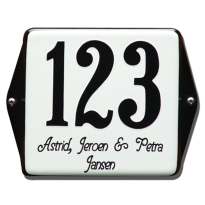Emaille huisnummer met naam wit, 120 x 120 mm