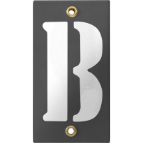 Emaille industrieel grijs huisnummerbord met witte letter 'B', 100x40 mm
