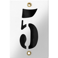 Emaille industrieel wit huisnummerbord '5' met zwarte cijfers, 120x80 mm