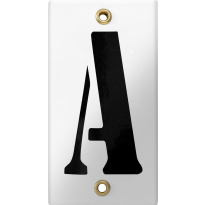 Emaille industrieel wit huisnummerbord met zwarte letter 'A', 100x40 mm