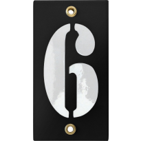 Emaille industrieel zwart huisnummerbord '6' met witte cijfers, 100x40 mm