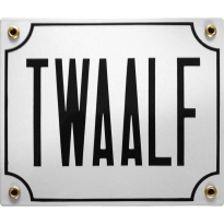 Emaille wit huisnummerbord 'TWAALF' met zwarte letters, 150x180 mm