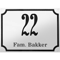 Gebolleerd bord huisnummer met naam, emaille wit/zwart met kader, 200x150mm