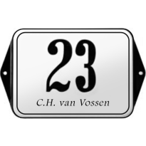 Klassiek bord huisnummer met naam, emaille wit/zwart met kader, 160x120mm