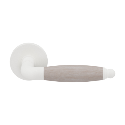 Ika deurkruk wit/ eiken whitewash gebogen met ronde eindknop op rond rozet